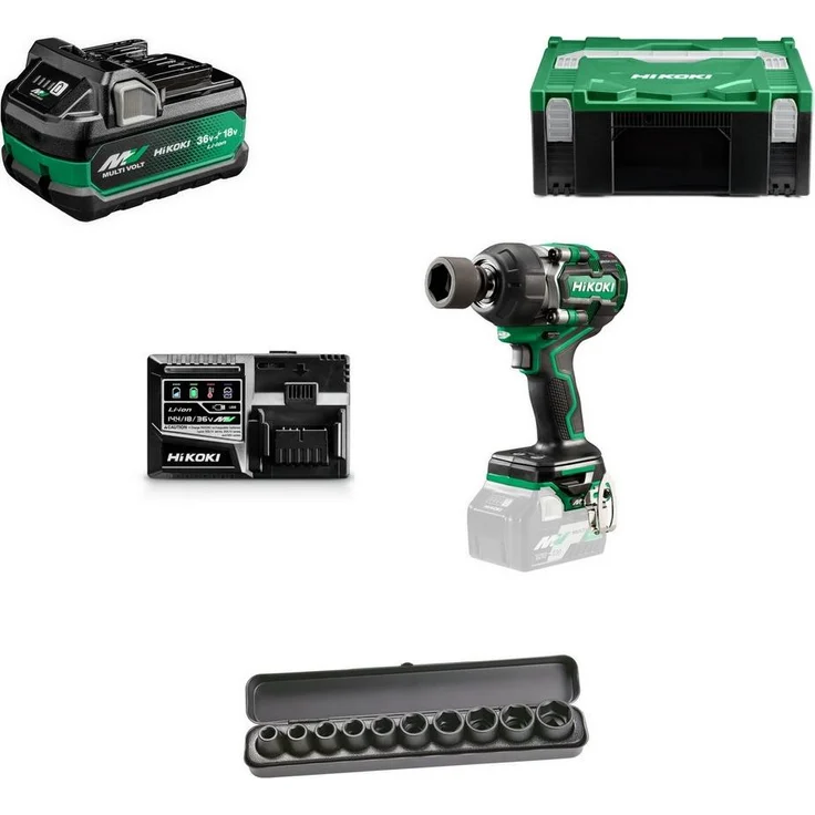 HiKoKi Akku Schlagschrauber WR36DEW2Z, 36 V mit 770 Nm, inkl. 14-teiligem Steckschlüssel-Set, 2,5 Ah Akku und Schnellladegerät