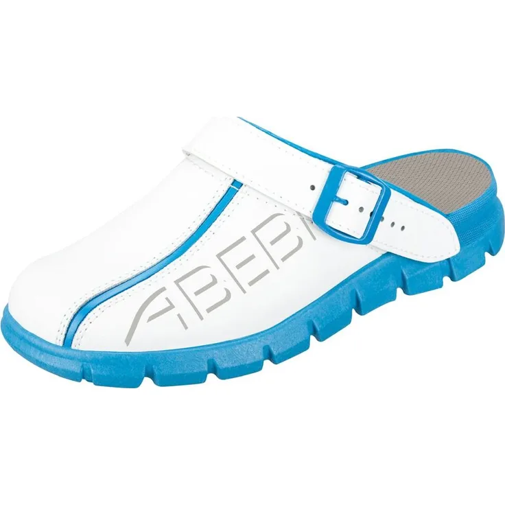ABEBA (7312) Clog Berufsschuhe Dynamic OB mit Aufdruck weiß/blau 45, atmungsaktives Innenfutter mit Silberionen, rutschfest (SRC-Zertifikat)
