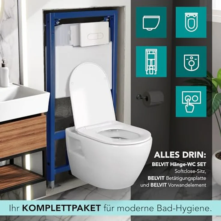 Aloni Tiefspül-WC AL5509Komplett, wandhängend, Abgang waagerecht, Aloni Wand / Hänge WC Toilette Softclose-Deckel Vorwandelement, Sanitärkeramik, Soft-Close-Funktion, weiß – Bild 9