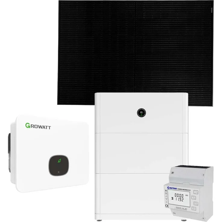 Growatt 12kWp PV-Komplettanlage mit Solarmodulen und 10kWh Speicher, enthält 12kW Hybrid-Wechselrichter, Smart Meter TPM-E, 30x 400W Sunpro Mono Solarmodule, APX Base, APX 98034-P2 BMS und 2x APX 5.0 Solarspeicher