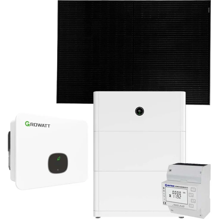 Growatt 12kWp PV-Komplettanlage mit Solarmodulen und 10kWh Speicher, enthält 12kW Hybrid-Wechselrichter, Smart Meter TPM-E, 30x 400W Sunpro Mono Solarmodule, APX Base, APX 98034-P2 BMS und 2x APX 5.0 Solarspeicher