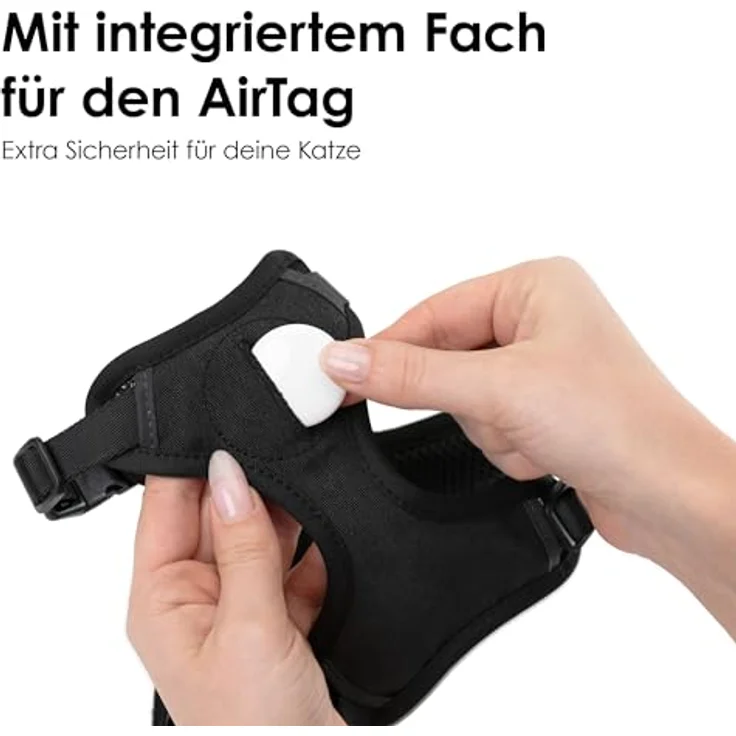 LucyBalu® Explorer Katzengeschirr mit Leine, ausbruchsicheres Brustgeschirr mit AirTag Fach, verstellbar, Schwarz M/L – Bild 4