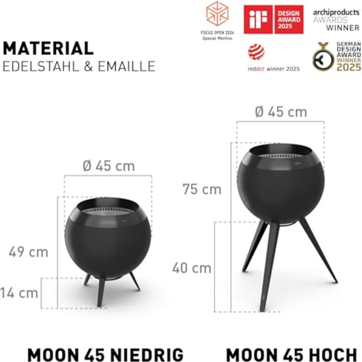 höfats Moon 45 All Black, Feuerschale mit hohem Fuß, raucharmem Feuerkorb, Holzvergaser-Technologie, ⌀ 45 cm, emailliert – Bild 2
