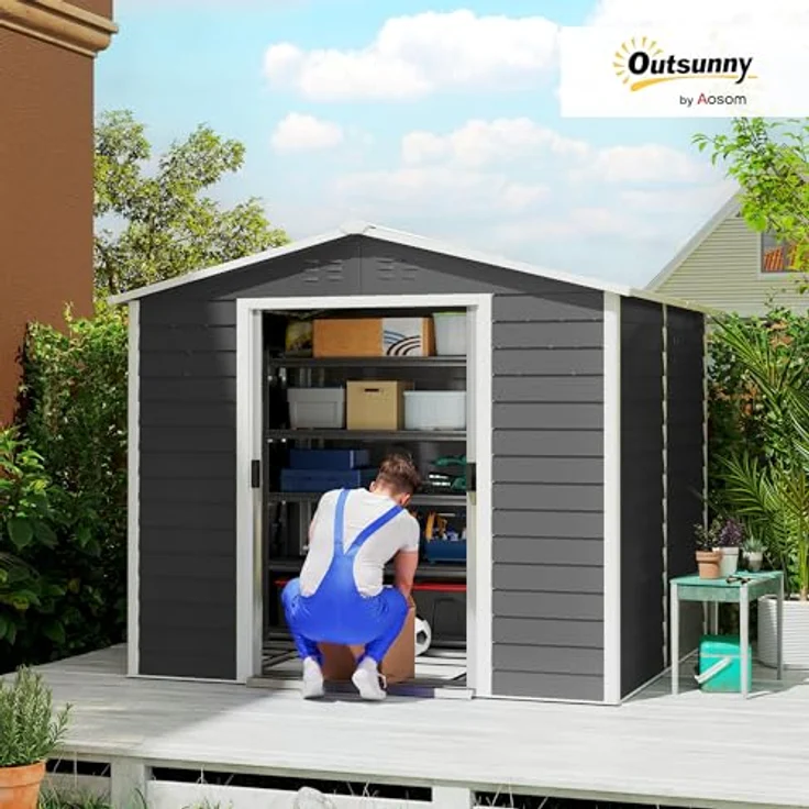 Outsunny Gerätehaus 4,4 m² mit Pultdach, abschließbarer Schiebetür und wetterfestem verzinktem Stahl, dunkelgrau – Bild 5
