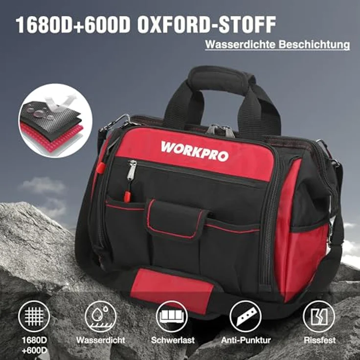 WORKPRO Werkzeugtasche Elektriker 42 x 25 x 34CM, Robuster 1680D Polyester,mit weiter Reißverschluss-Öffnung,Tragebügel und verstellbarem Schultergurt – Bild 3