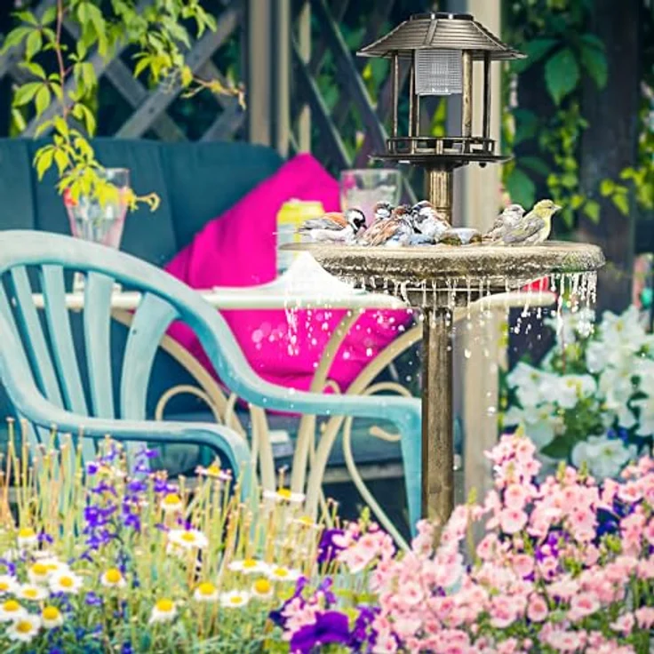 Outsunny Vogeltränke mit Solarleuchte, 110 cm Höhe Vogelbad, Vogelfutterspender, Vogelbecken mit Blumensockel, Wildvogeltränke für Garten, Balkon, Bronze – Bild 2