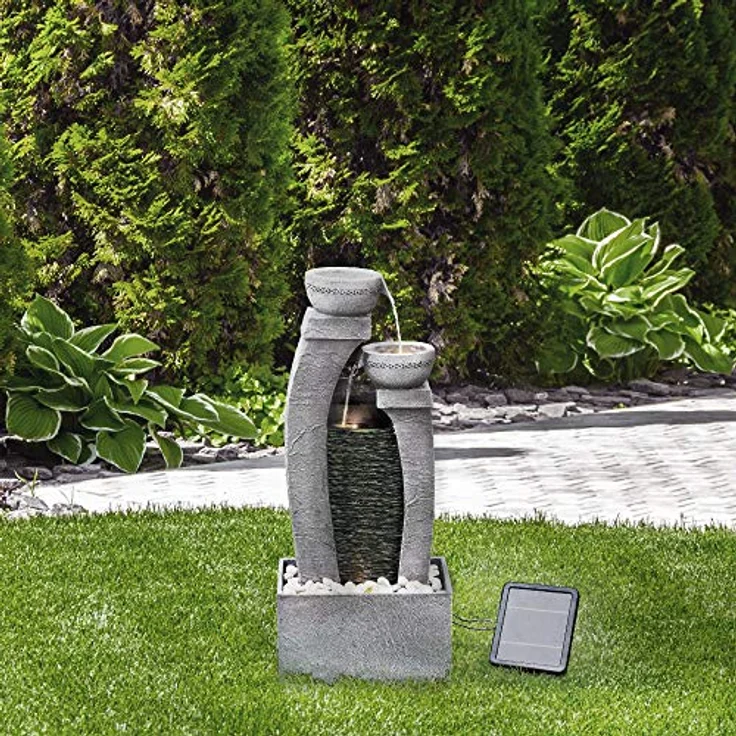 Teamson Home Gartenbrunnen Solarbrunnen, 76 cm hoher Polyresin Wasserfallbrunnen mit 3 Ebenen in Grau, verstellbares Solarpanel und beleuchtete Schalen – Bild 3