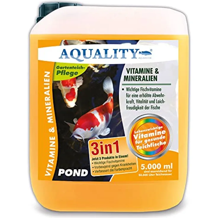 AQUALITY Gartenteich Vitamine & Mineralien Pond 3in1 (Lebenswichtige Fischvitamine für eine erhöhte Abwehrkraft, Vitalität und Laichfreudigkeit), Inhalt:5 Liter