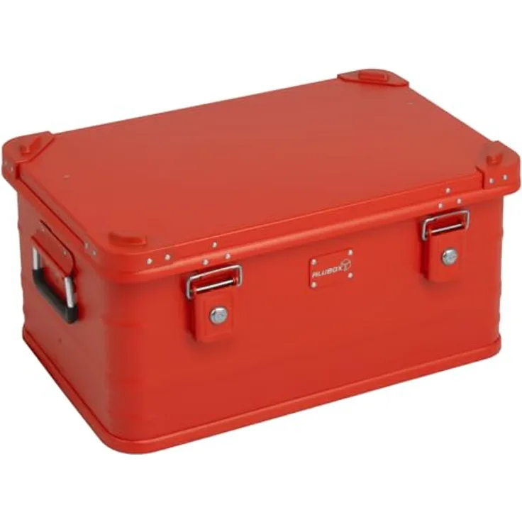 Alubox Metallkiste FIRE RED, stapelbare 47 Liter Werkzeugtruhe mit Deckel und sicherem Verschluss