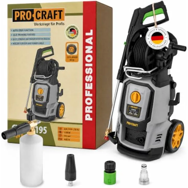 Procraft CW2.5/195 Hochdruckreiniger 2500 Watt, 195 bar, 7,8 l/min, inkl. Zubehörsatz und Turbo-Düse
