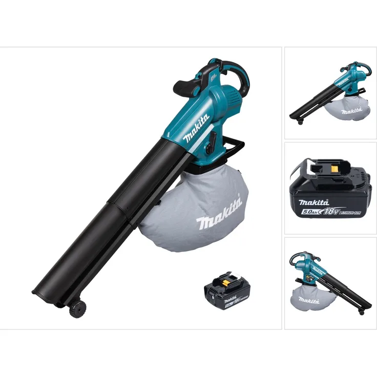 Makita DUB 187 T Akku Laubbläser und Laubsauger 18 V Brushless + 1x Akku 5,0 Ah - ohne Ladegerät, mit Laufrollen und Sanftanlauf