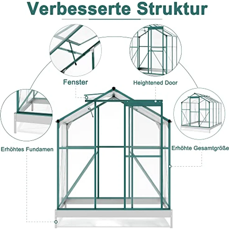 Thanaddo Gewächshaus Aluminium Gewächshaus, Treibhaus Gartenhaus, Pflanzenhaus 4,8m², Grün/Silber, mit großer Schiebetür und Dachfenstern – Bild 6