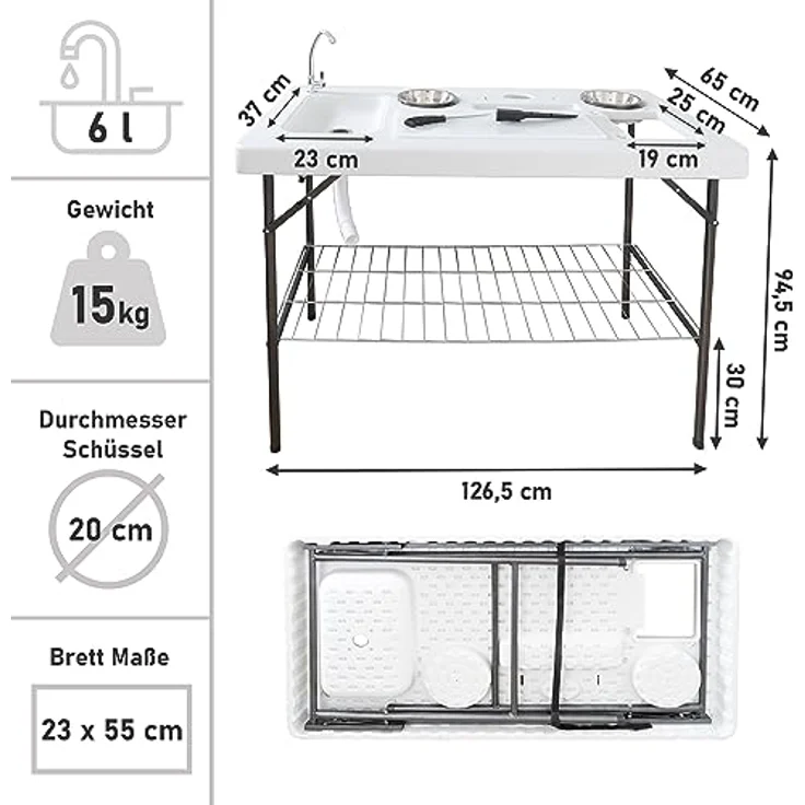 Lemodo Kunststoffspüle Filetiertisch mit Spüle und Zubehör, Gartenspüle, Campingspültisch, klappbar, 126,5/65 cm, weiß, inkl. Filetiermesser und Edelstahl-Seife – Bild 2