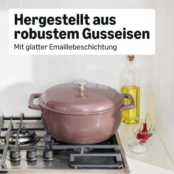 Amazon Basics Schmortopf Rund, Emaillierter Gusseisen Dutch Oven, 4,1 L, Lehmfarben, für alle Herdarten geeignet – Bild 5