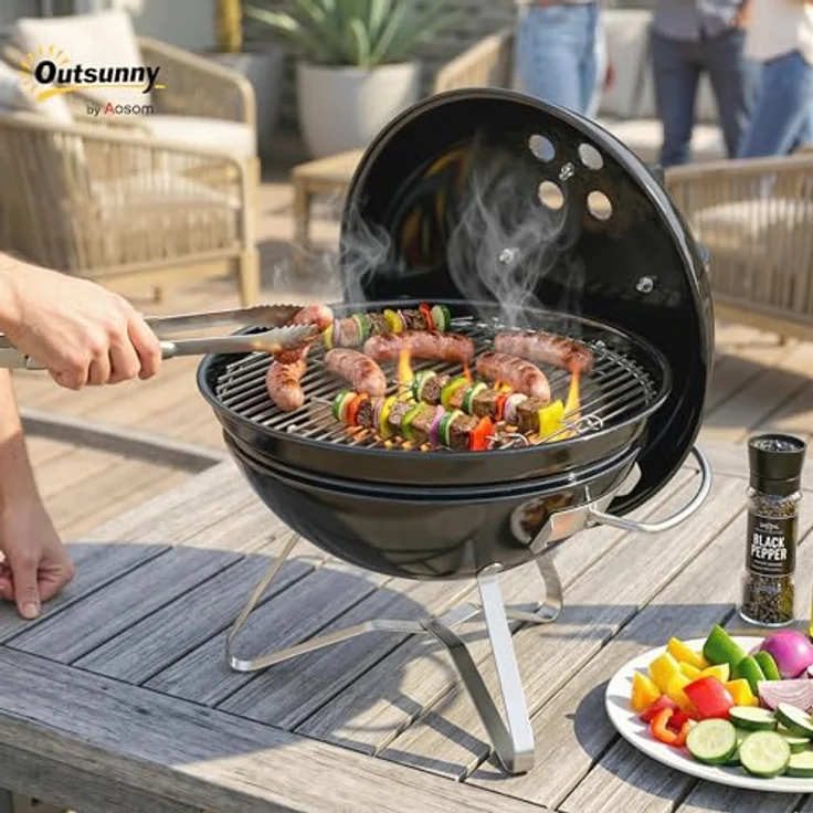 Outsunny Holzkohlegrill BBQ Smoker, tragbarer Kugelgrill mit verstellbaren Lüftungsschlitzen und Deckelgriff, Ø41 cm, Schwarz – Bild 2