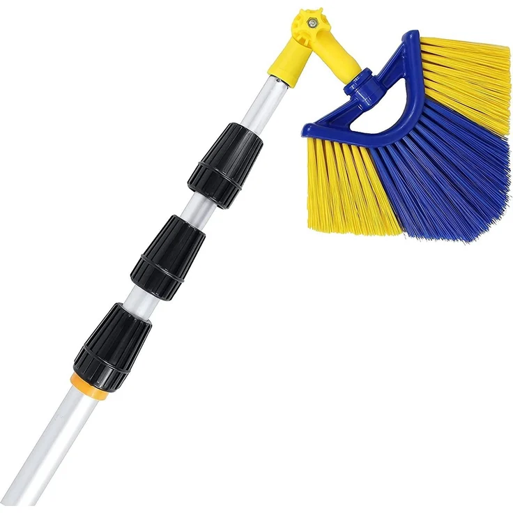 Pullach Hof Teleskopstiel Teleskopstange 6 Meter mit Adapter inkl. Dreieckbesen Aufsatz & Winkel, (1-St) - Ausziehbar auf 6m, inkl. Eckbesen Aufsatz, italienisches Gewinde – Bild 1