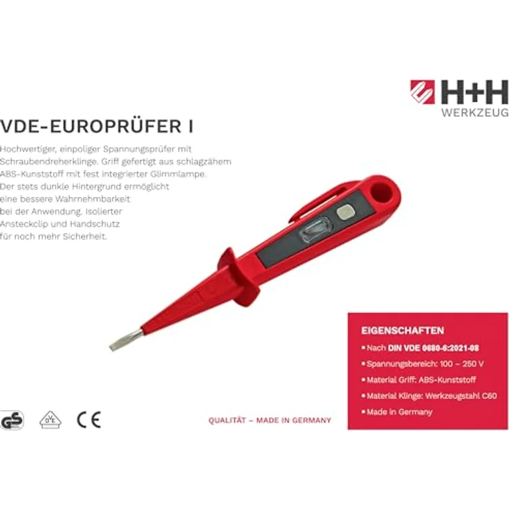 H+H Werkzeug 45300 Europrüfer-Spannungsprüfer-Phasenprüfer bis 250V GS geprüft nach VDE 0680 Made in Germany, 150 mm – Bild 3