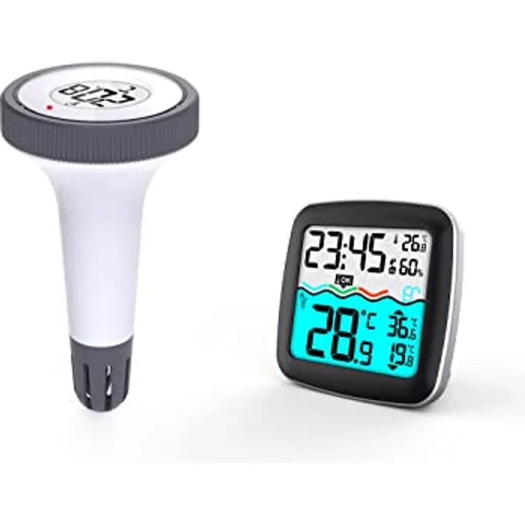 WS9059 Funk Poolthermometer, Poolsensor, Poolthermometer, mit digitaler Basisstation zum Datenablesen, Innentemperatur, Wassertemperatur, Luftfeuchte, für Pool, Teich, Außenanlage – Bild 1
