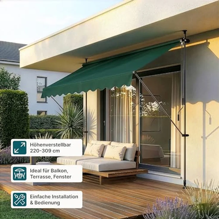 Pro.tec - Klemmmarkise 300x120x200-300cm ohne Bohren Dunkelgrün – Bild 4
