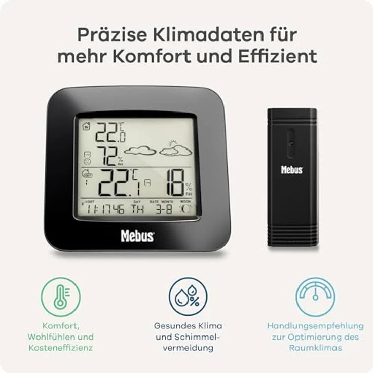 Mebus Funk-Wetterstation, digitales Innen- und Außenthermometer mit Hygrometer, Wettervorhersage und Mondphasenanzeige, schwarz – Bild 2