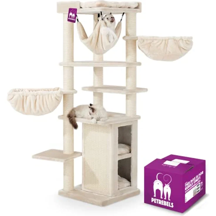 Petrebels Design Kratzbaum mit XL Liegemulden, Ramses 158 cm, Creme Farbe, Katzenkratzbaum mit Katzenhöhle und dicken Ø 9 cm Natursisal Stämmen – Bild 1