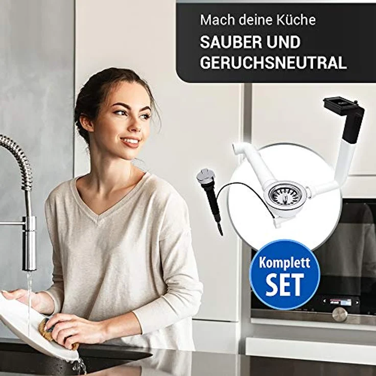 AquaDE Siebkorbventil 114 mm mit Excenterventil Raumschaffer Abtropf-Überlauf für Küchenspüle, Edelstahl und weiß – Bild 9