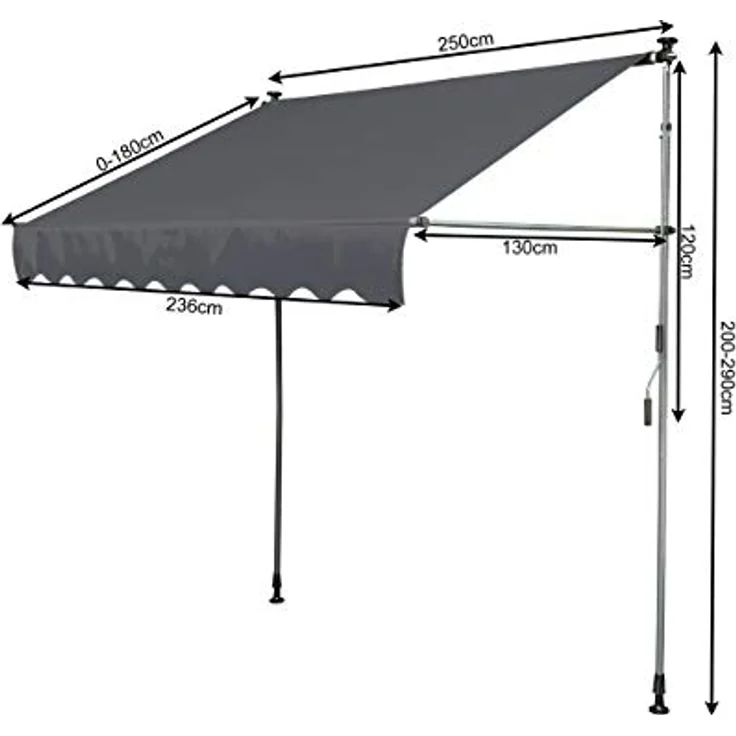 QUICK STAR Klemmmarkise 250x130cm Grau Balkonmarkise Sonnenschutz Terrassenüberdachung Höhenverstellbar von 200-290cm Markise Balkon ohne Bohren – Bild 2