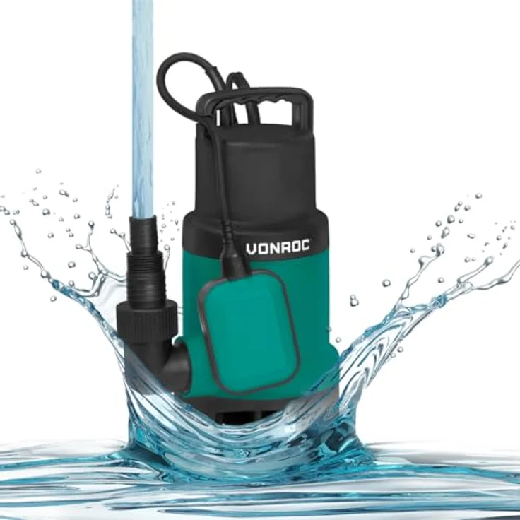 VONROC Tauchpumpe Schmutzwasserpumpe - Wasserentfernung bis auf 1 mm Resthöhe - Flachsaugend - 1600l/h, 900W - Integrierter Schwimmer – Bild 1