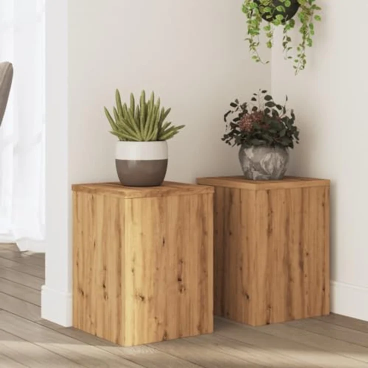 vidaXL Blumenständer Pflanzenständer 2 Stk Artisan-Eiche 25x25x35 cm, Robustes Holzwerkstoff, Stabile Oberplatte, Leicht zu reinigen – Bild 2