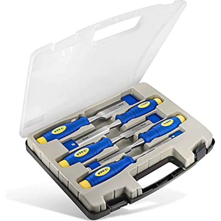 S&R Stechbeitel Set 5 Stück: 6, 12, 20, 25, 32 mm, rutschfeste ergonomische Griffe, hohe Belastbarkeit, Stemmeisen im blau-gelben Koffer