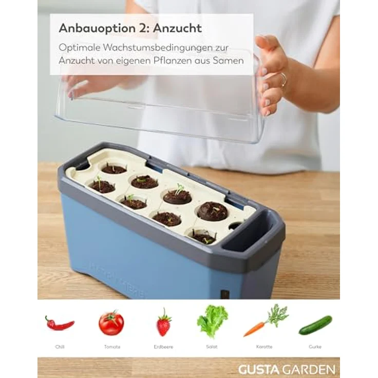 Gusta Garden HARRY HERBS Anzuchttopf, 4 in 1 Kräutertopf mit Wasserreservoir und Wasserstandsanzeige, blau mit Anzuchthaube – Bild 4