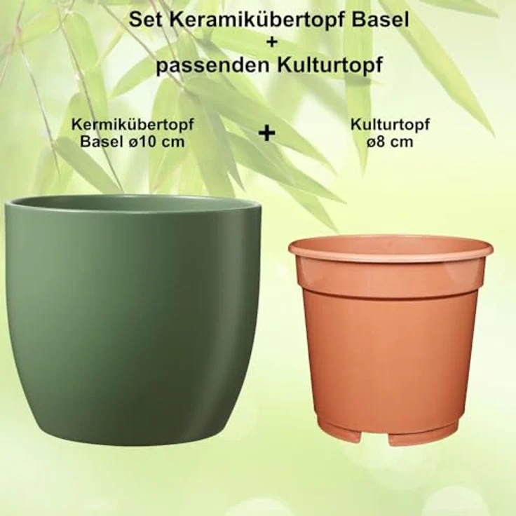 Set - SK Soendgen Kermikübertopf Basel ø10 cm, moosgrün matt + Kulturtopf ø8, hochwertiges Wohnambiente – Bild 2
