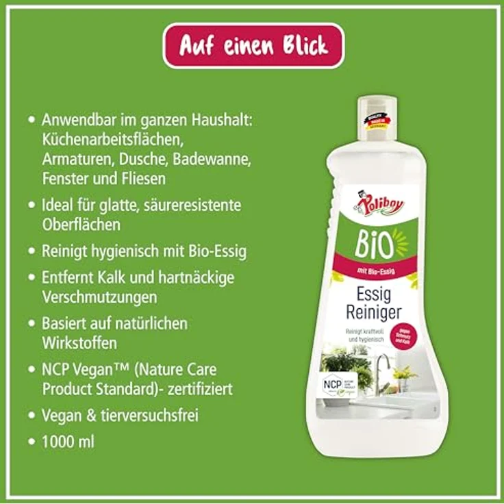 Poliboy POLIBOY Bio Essig Reiniger 1 L Allzweckreiniger, hygienische Sauberkeit mit Bio-Essig, NCP Vegan zertifiziert – Bild 5