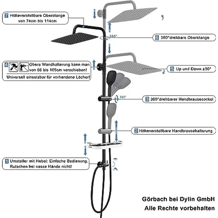 JOHO Edelstahl Duschsystem mit XXL Regendusche 35x25cm, höhenverstellbar, schwarz – Bild 5