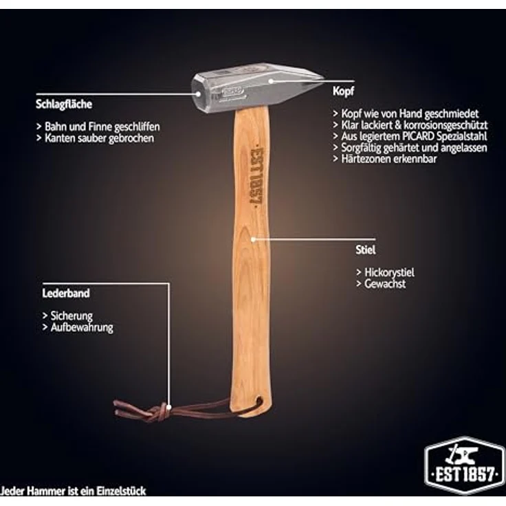 PICARD EST 1857 Schlosserhammer 800g, handgeschmiedeter Spezialstahl, gewachster Hickorystiel in Geschenkverpackung – Bild 3