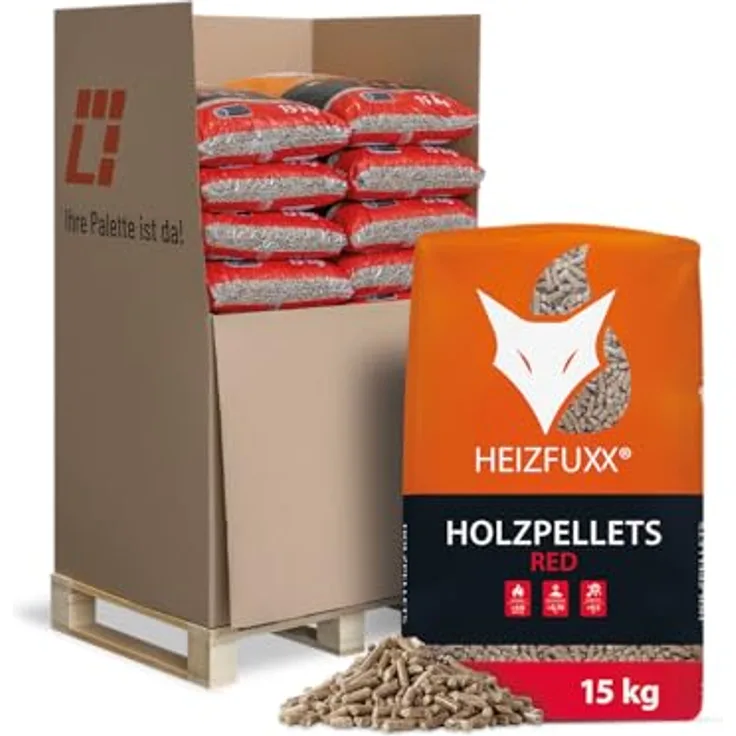 HEIZFUXX Holzpellets Red 6mm, Hartholzpellets ENplus A1, 15kg Sack, 20 Stück auf Palette, CO₂-neutraler Brennstoff für Pelletofen