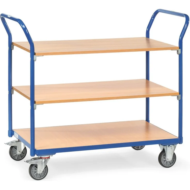 FETRA Tischwagen 1800, Transportwagen mit 3 Böden aus Holzwerkstoffplatte, brillantblau RAL 5007, Tragkraft 80 kg, 2 Lenk- und 2 Bockrollen mit Feststeller