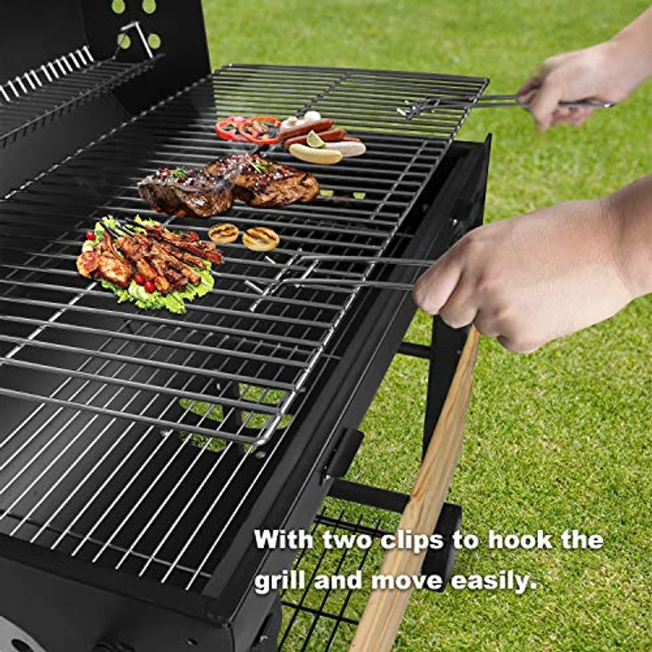 SunJas Grillwagen Holzkohlegrill, BBQ Grill Holzkohle mit Rädern, Anthrazit Standgrill, Grillkamin inkl. integriertes Thermometer und Lüftungsschieber, Gartengrill, Grillfläche: 70X38.5 cm – Bild 3