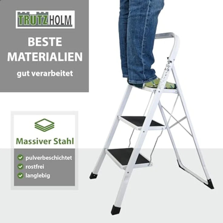 TRUTZHOLM Trittleiter 3 Stufen klappbar, TÜV/GS zertifiziert, 150 kg Traglast, Anti-Rutsch Trittflächen, Sicherheitsverriegelung, Stahl Leiter (Weiß) – Bild 2
