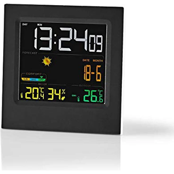 Nedis Wetterstation Uhr WEST404BK, Funkwetterstation mit Farbdisplay, Innentemperatur- und Aussentemperaturmessung, Schwarz/Weiss, mit Wecker und Hygrometer – Bild 6