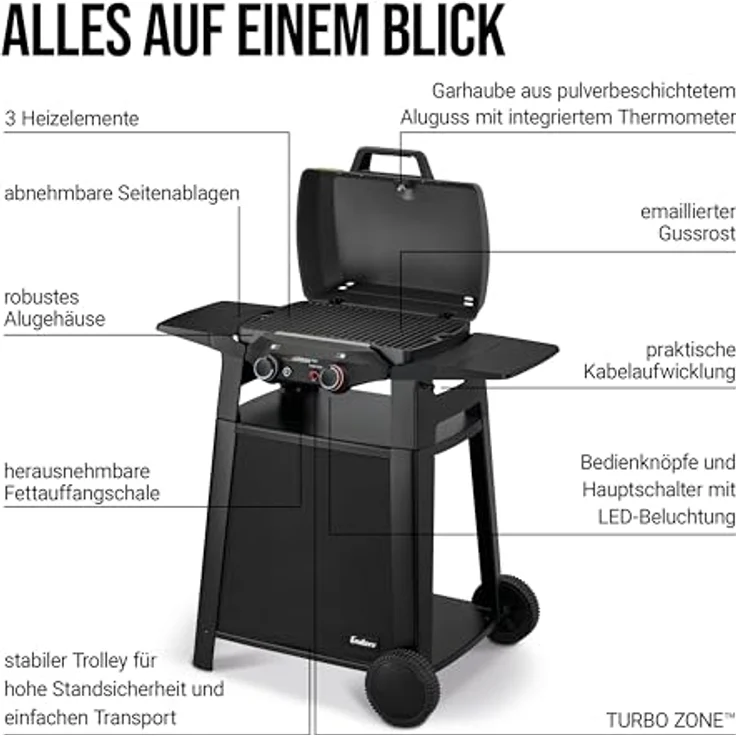 Enders eUrban Pro 2 Turbo Mobil, Elektrogrill mit 2,2 kW Leistung, emailliertem Gussrost und Trolley – Bild 7