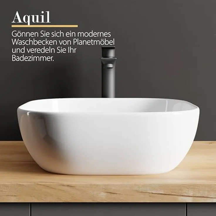 Planetmöbel Aufsatzwaschbecken Aquil, Keramik Waschbecken 42 cm, quadratisch, ohne Hahnloch und Überlauf, weiß – Bild 5