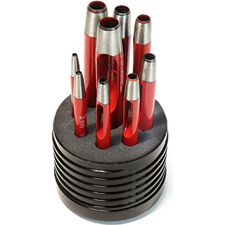 S&R Locheisen-Satz 2-10mm, Rund-Locheisen & Loch-Pfeifen aus Kohlenstoffstahl für präzises Ausstanzen in Pappe, Gummi & Leder, Hohlstanzer & Formlocheisen für Gürtel, Uhren-Armband & weiche Werkstoffe