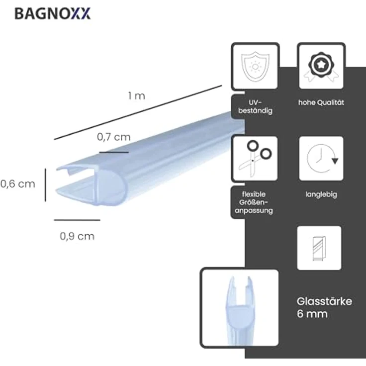 Bagnoxx Hohlkammerprofil Türdichtung 1m für 6mm Glas, transparent, schimmelresistent, einfach montierbar – Bild 2