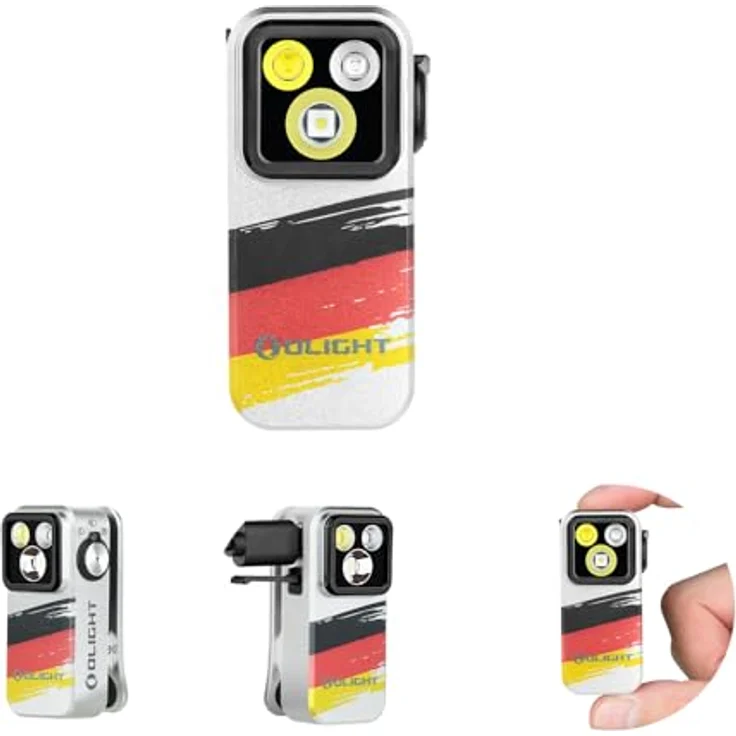 OLIGHT Oclip Pro Mini LED Taschenlampe, 500 Lumen, USB-C wiederaufladbar, IPX6 wasserdicht, Flutlicht und Rotlicht, kompakt mit Clip (Deutsche Flagge) – Bild 1