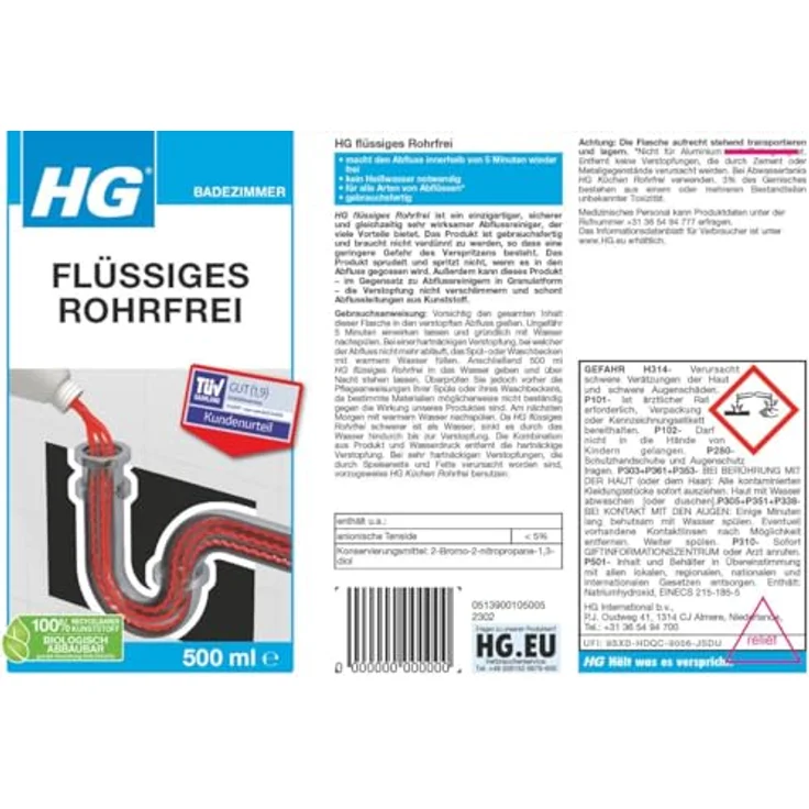 HG Flüssiges Rohrfrei, 500 ml - Effektive Verstopfungsbeseitigung ohne Sprudeln, für Abflüsse und Toiletten – Bild 2