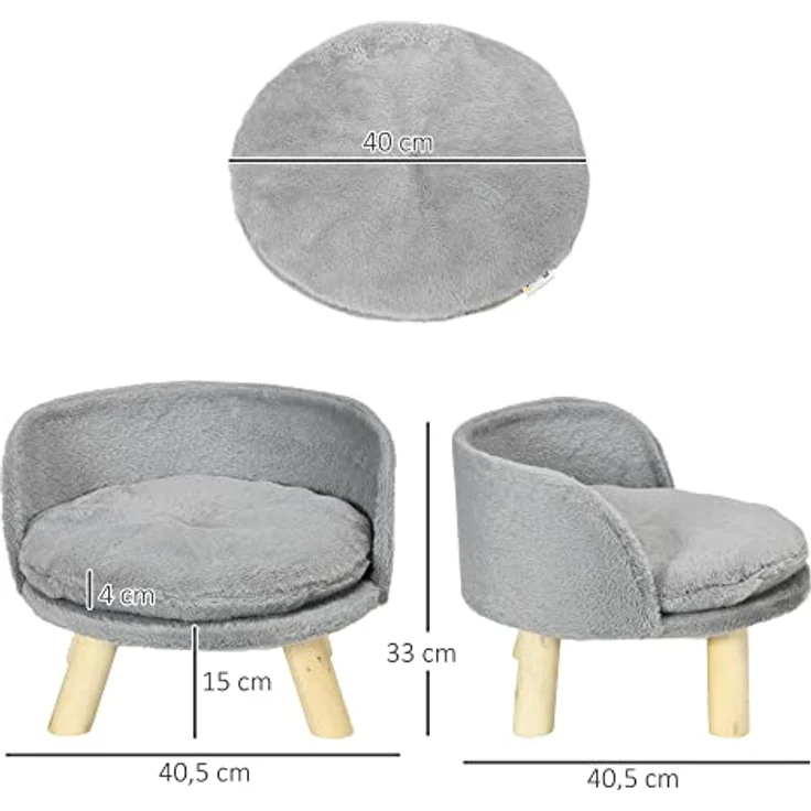 Pawhut Katzensofa, Haustiersofa mit Kissen, Katzenbett, katzensessel Katzenhocker erhöhtes Haustierbett mit rutschfesten Holzfüße, Hundesofa, Indoor, Grau, 40,5 x 40,5 x 33 cm – Bild 3