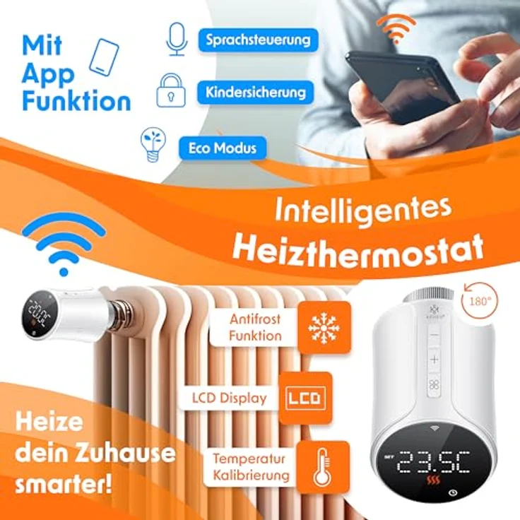 KESSER® Heizkörperthermostat WiFi Heizungsregler, Smart Home App Steuerung, Sprachsteuerung mit Alexa & Google Assistant, 6 Heizkörperventile, runde Form, Schwarz oder Weiß – Bild 2