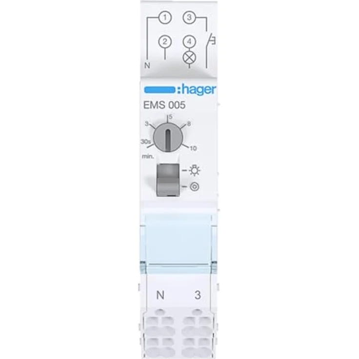 Hager Treppenlichtzeitschalter EMS005, elektronisch mit Zeitschaltfunktion 30 sec - 10 min, nachschaltbar, 1 TE, DIN-Schiene – Bild 2
