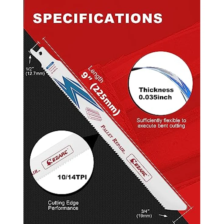 EZARC Säbelsägeblätter Bi-Metall 225mm, 10/14TPI Set für Holz-Paletten mit Reverse-Tip Design, 10 Stück – Bild 3